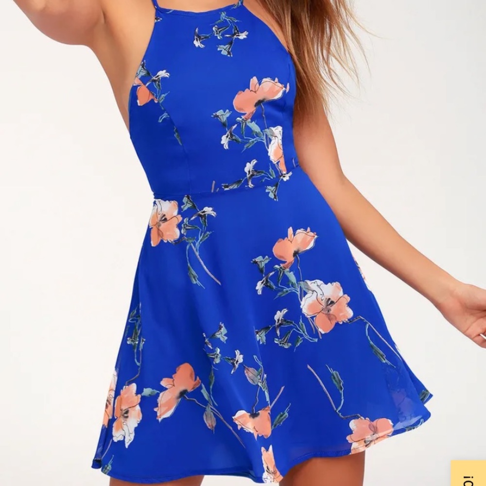 NWOT Lulus Royal Blue Floral Lace-Up Mini Dress